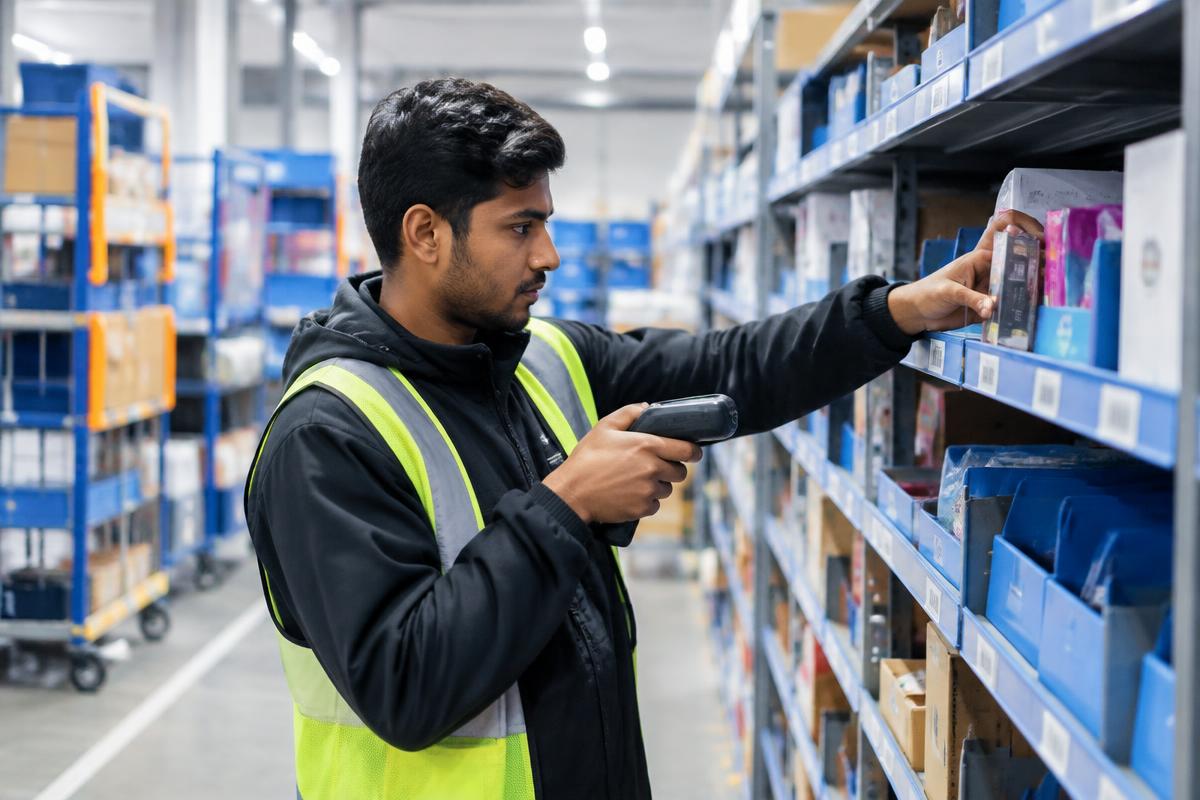 Dark store picker checking a product with a scanner